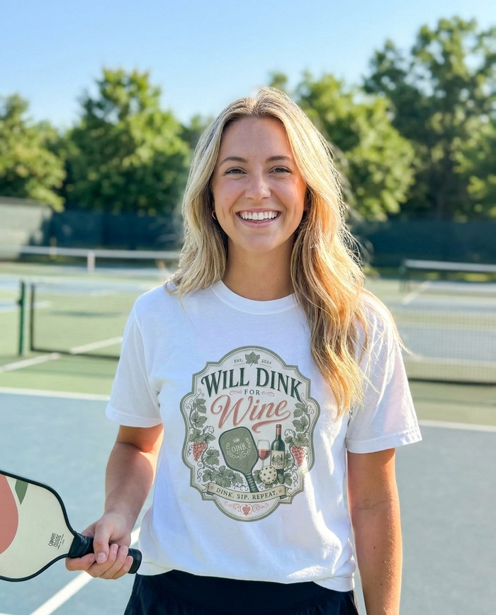 "Will Dink For WIne" · on court